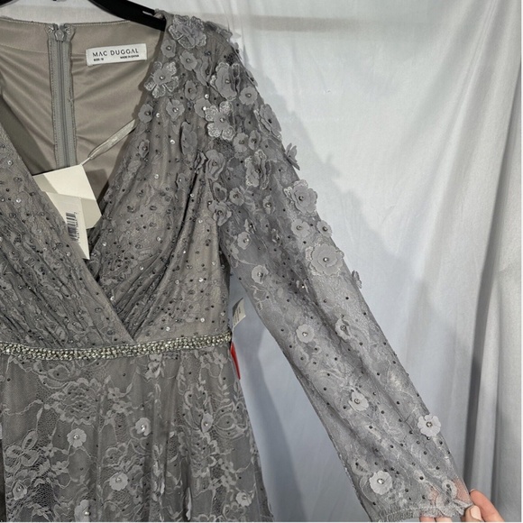 NWT $538 Mac Duggal [ 12 ]‎ Floral Embellished Lace A-Line Dress Sterling Grey - Picture 11 of 16